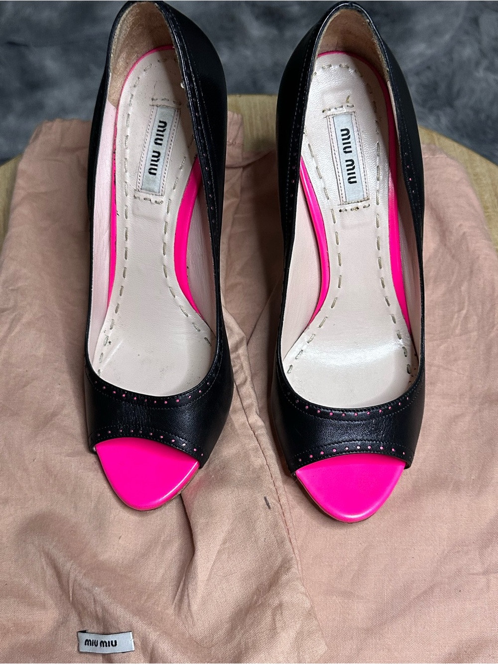 Miu Miu Black Leather Pumps with Bright Pink Peep Toe